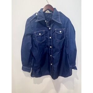 Vintage Russ Navy Nylon Snap Front Shirt Contrast Stitch Epaulets Mens Medium
